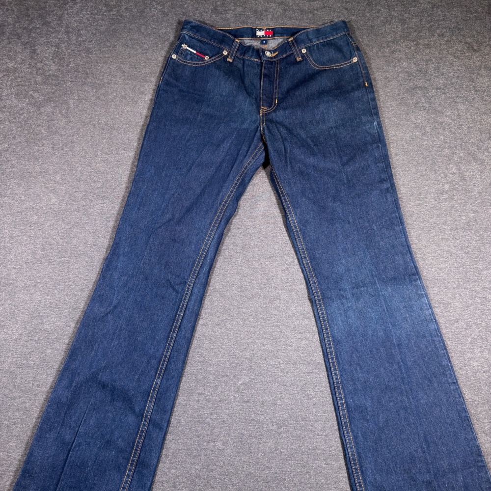 Y2K Tommy Hilfiger Jeans Women 30 Blue Hipster Flare Mid Rise Denim Flag Patch